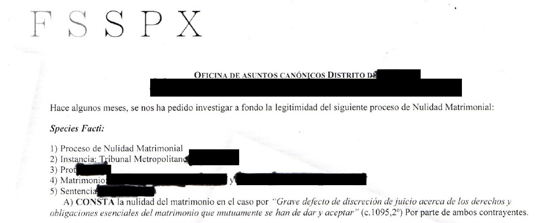 Para la FSSPX, a veces, la nulidad matrimonial dada por la Iglesia Católica sería inválida